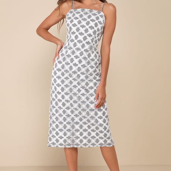 Flirty Date Black and White Gingham Eyelet Sleeveless Midi Dress - Picture 2 of 4